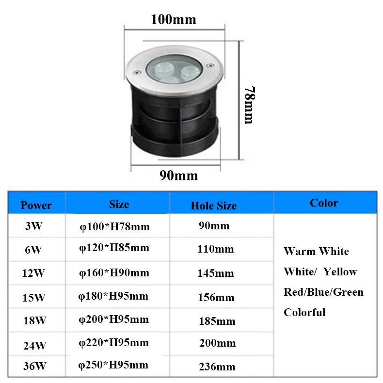 Đèn LED âm sàn 24v 12W IP68 chống nước cao cấp TL-ER2412 sizes