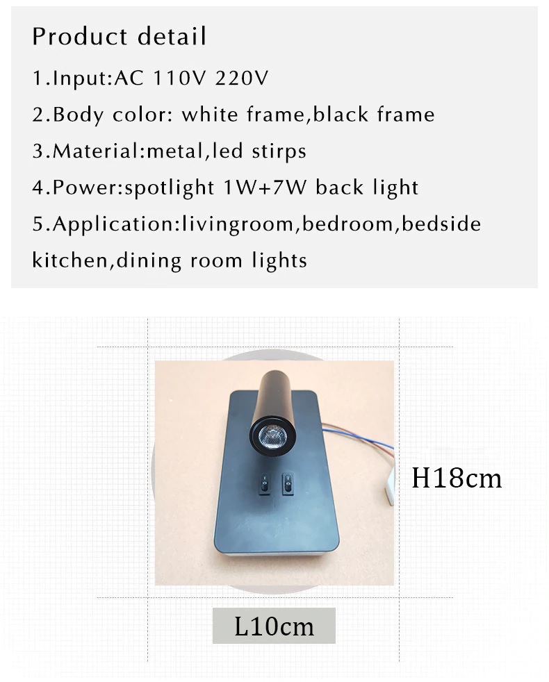Đèn ngủ đọc sách gắn tường LED spotlight 3w xoay góc 330 độ Backlight 7w TL-DS-SB02 black sizes