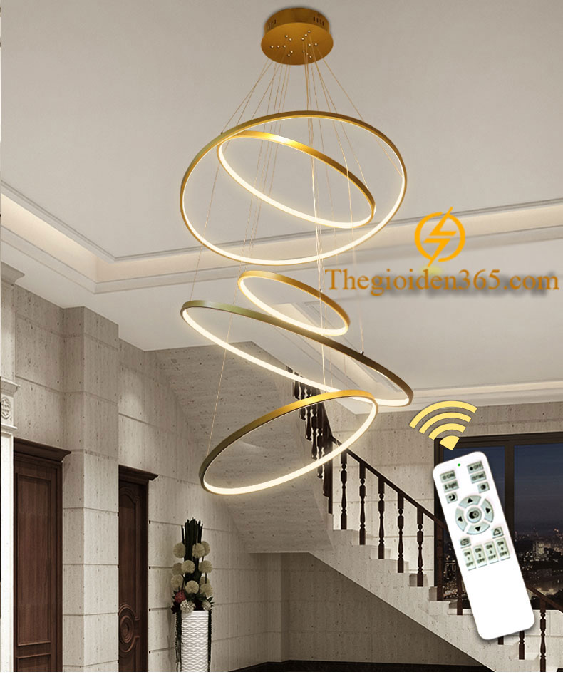 Đèn thả Led 5 vòng tròn vàng hiện đại thông tầng cầu thang TL-R5V-GOLD1 beauty