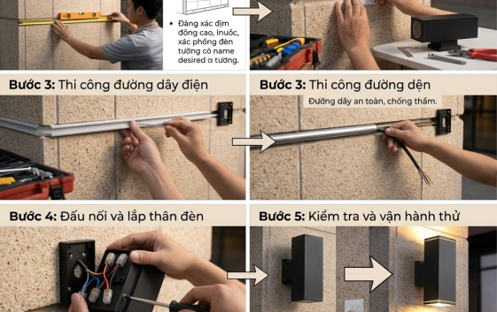 Cách lắp đặt đèn chiếu tường sân vườn đúng kỹ thuật.