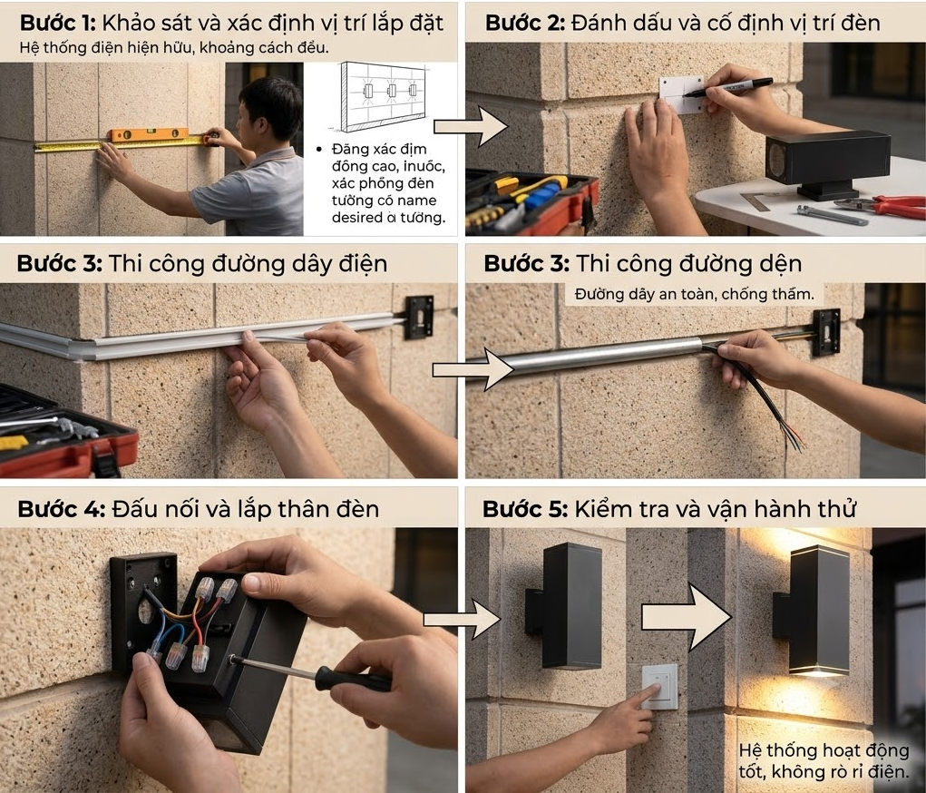 Cách lắp đặt đèn chiếu tường sân vườn chuẩn chuyên gia